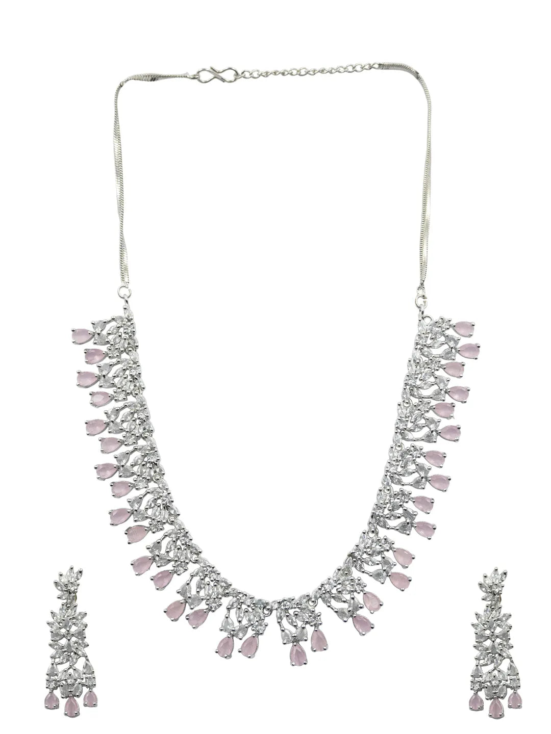 Sleek Elegant Silver Plated Pink AD Studded Designer Necklace Set | Shop Now