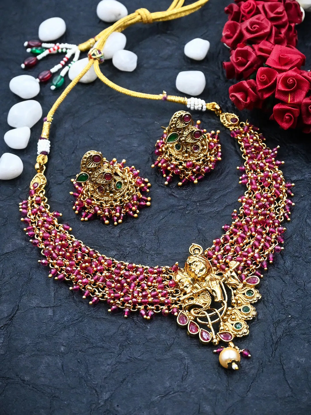 Exquisite Gold-Plated Temple Hydra Beads Necklace Set - A divine blend of tradition and elegance. Elevate your style with this stunning piece from SileAdda.