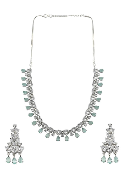 Vintage Inspired Sleek Silver Plated Turquoise Cubic Zirconia Statement Necklace Set