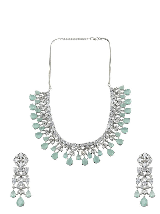 Elegant Silver Plated Turquoise Cubic Zirconia Party Wear Handcrafted Necklace Set