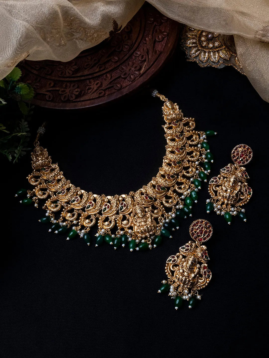 Gold Plated Mahalakshmi Necklace set with Green Droplet Beads