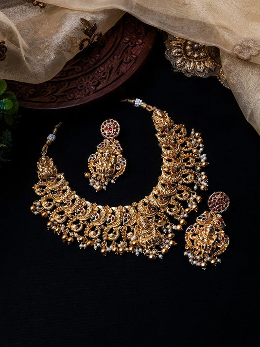 Gold Plated Mahalakshmi Necklace set with Gold Droplet Beads