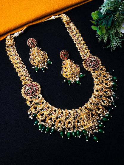 Gold Plated Mahalakshmi Long Necklace Set With Green Beads | Handcrafted Haram Set