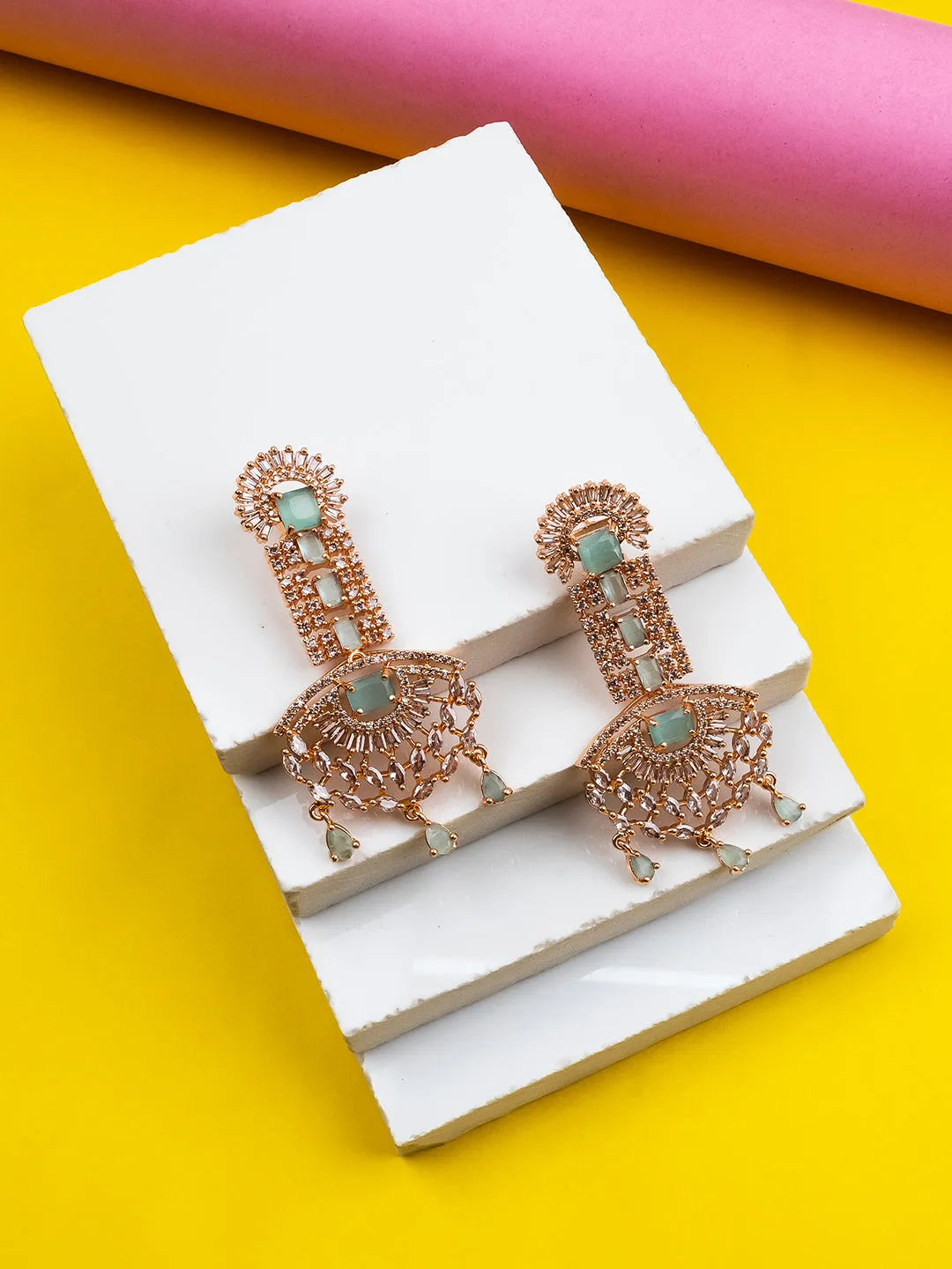 Exquisite Rose Gold Plated Big Size Turquoise AD CZ Studded Luxury Earrings