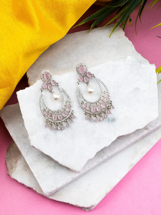 Unique Silver Pink Studded American Diamond Drop Earrings - Shop Now!