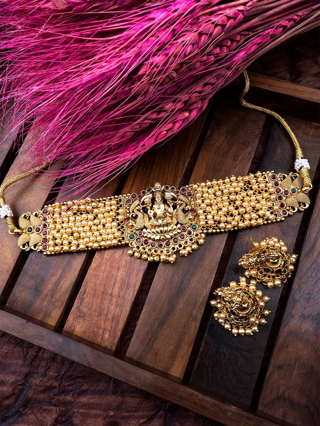 Exquisite Gold-Plated Temple Hydra Beads Necklace Set - A divine blend of tradition and elegance. Elevate your style with this stunning piece from SileAdda.