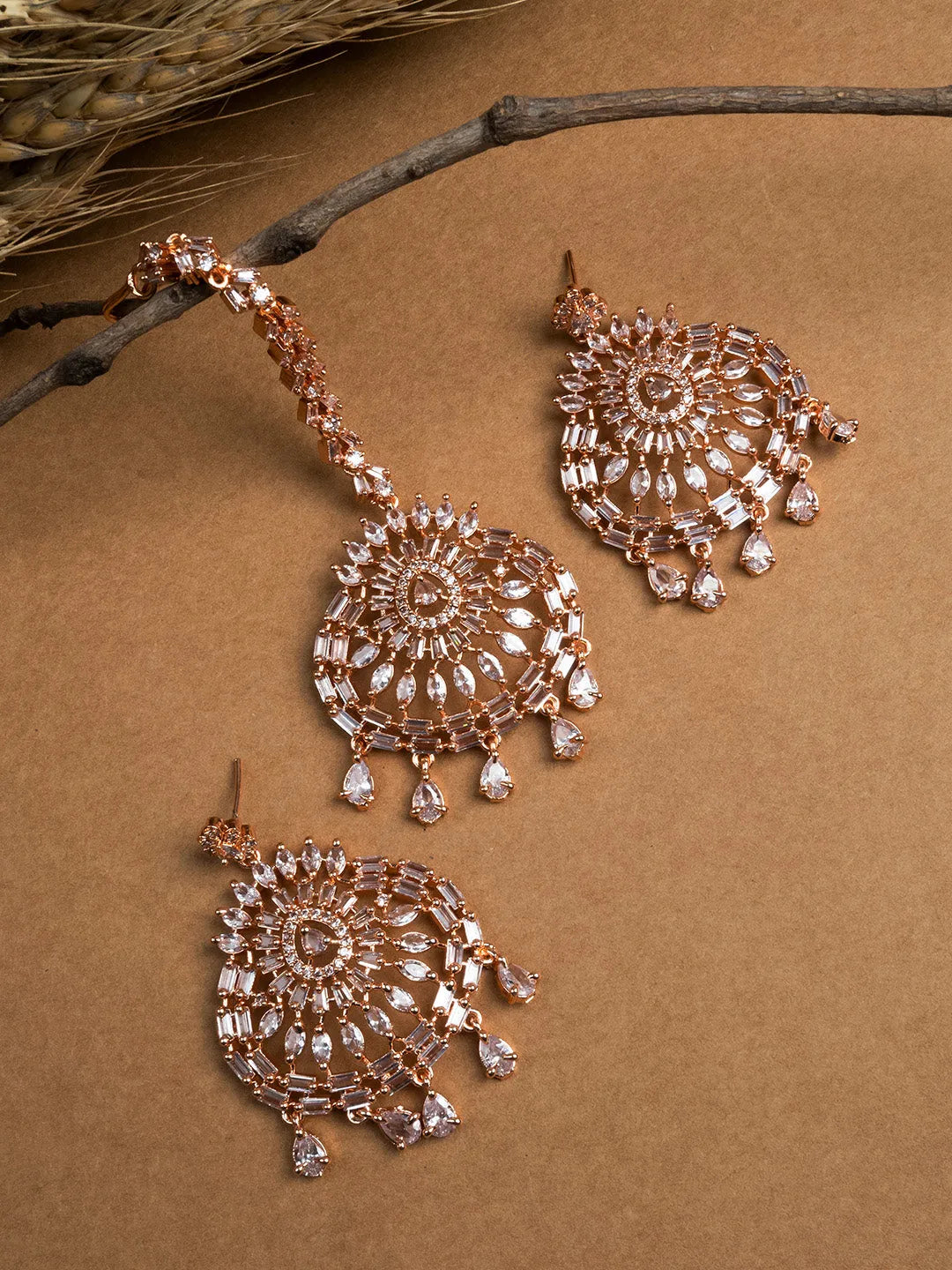 CZ Studded Rose Gold Drop Style Earrings and Maangtika Set | Shop Now