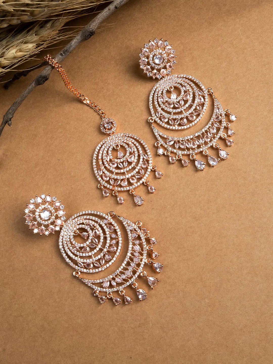 Cubic Zirconia Studded Rose Gold Tone Danglers-Maangtika Set