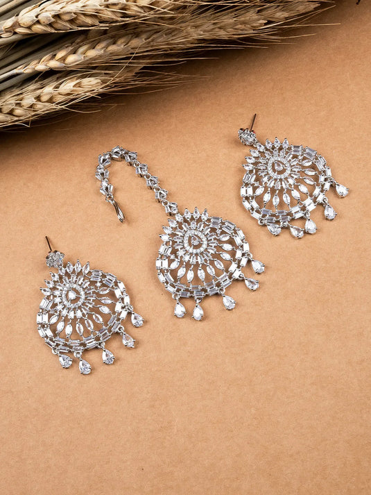 CZ Studded Silver Drop Style Earrings and Maangtika Set | Shop Now