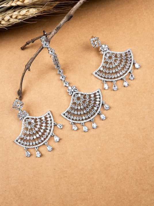 CZ AD Silver Symmetrical Earring-Maangtika Set | Hypoallergenic Jewelry