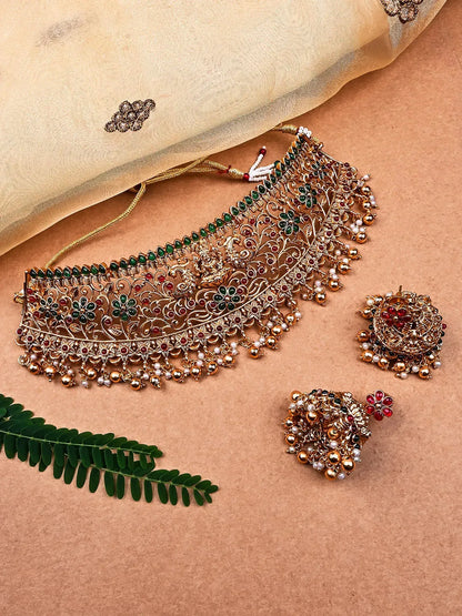 Luxurious Filigree Red Green Temple Choker Set