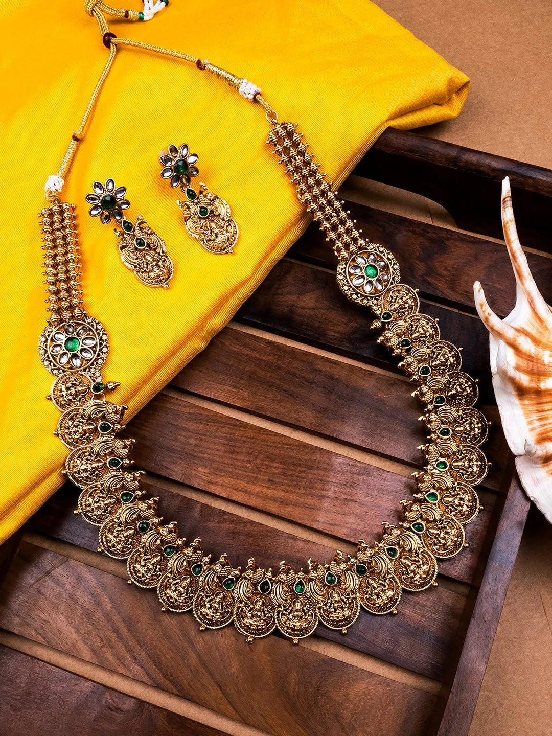 Designer Green Kemp Studded Coin Long Necklace Set