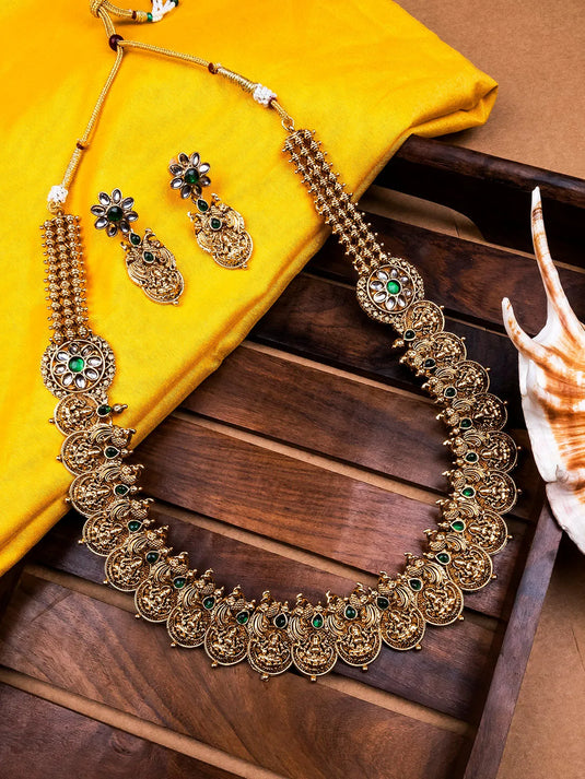 Designer Green Kemp Studded Coin Long Necklace Set