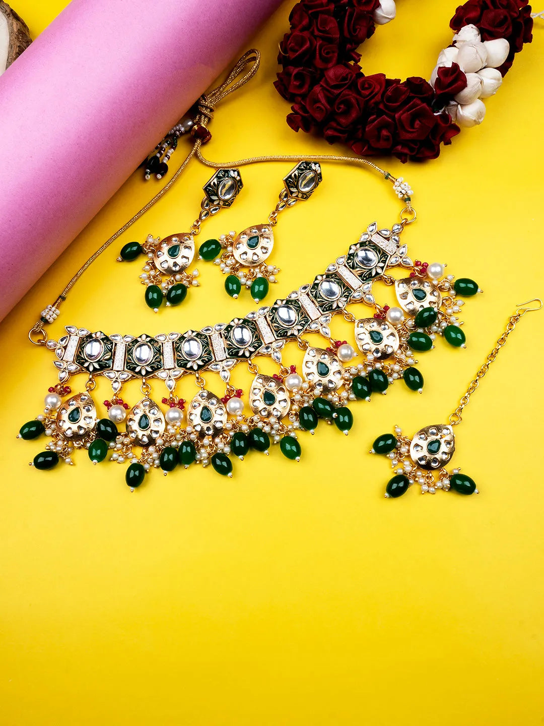 Enamel Coated Green Pearls Beaded Kundan Choker Set