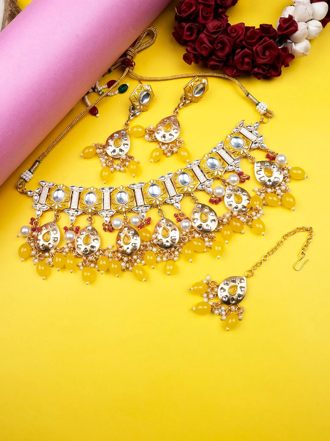 Enamel Coated Yellow Pearls Beaded Kundan Choker Set