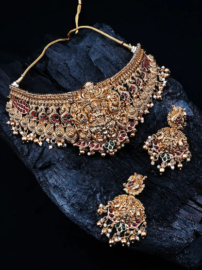 Matte Finish Lakshmi Choker With Golden Beads