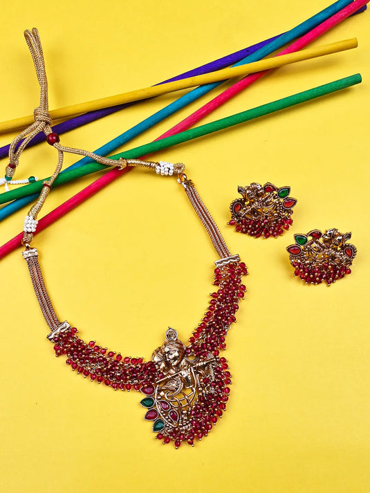 Luxurious Temple Radha Krishna Red Hydra Necklace Set