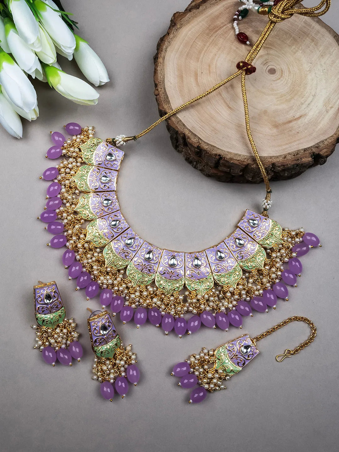 Luxurious Lavander Kundan Meenakari Droplet Necklace Set