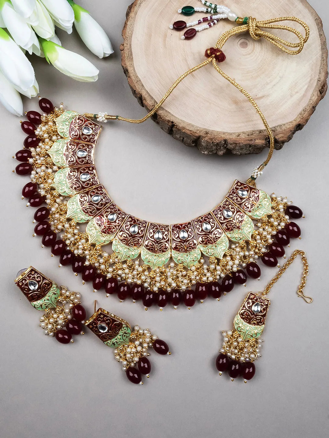 Magnificent Maroon Kundan Meenakari Droplet Necklace Set