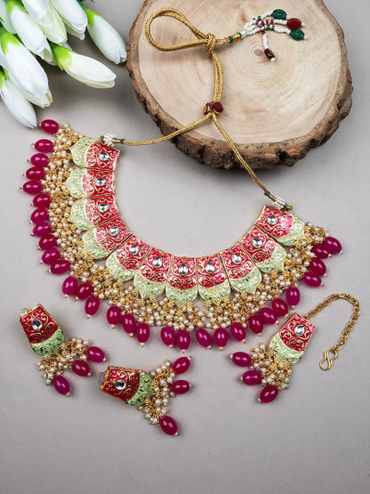 Precious Pink Kundan Meenakari Droplet Necklace Set