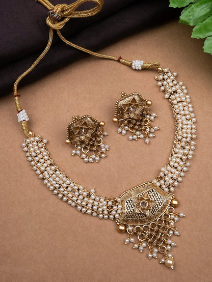 Exquisite Gold-Plated Temple Hydra Beads Necklace Set - A divine blend of tradition and elegance. Elevate your style with this stunning piece from SileAdda.