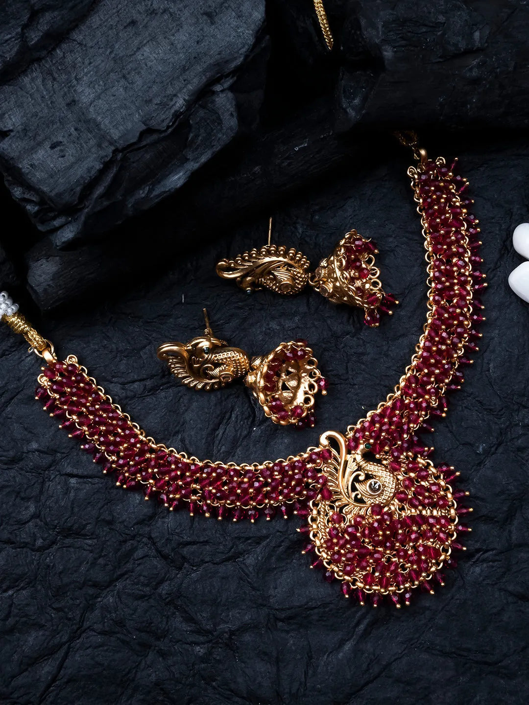 Exquisite Gold-Plated Temple Hydra Beads Necklace Set - A divine blend of tradition and elegance. Elevate your style with this stunning piece from SileAdda.