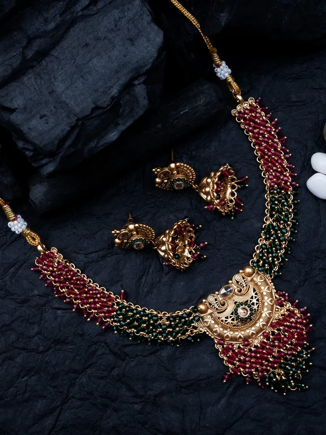 Exquisite Gold-Plated Temple Hydra Beads Necklace Set - A divine blend of tradition and elegance. Elevate your style with this stunning piece from SileAdda.