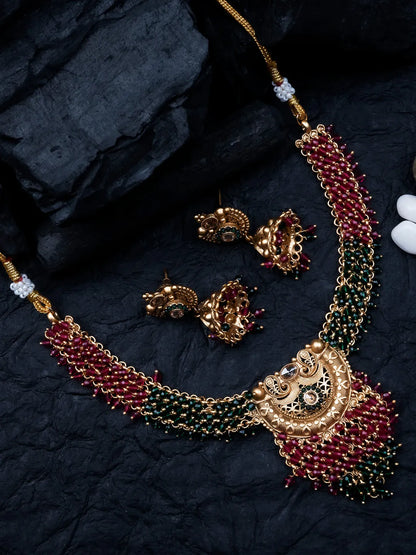 Exquisite Gold-Plated Temple Hydra Beads Necklace Set - A divine blend of tradition and elegance. Elevate your style with this stunning piece from SileAdda.