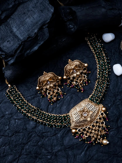 Exquisite Gold-Plated Temple Hydra Beads Necklace Set - A divine blend of tradition and elegance. Elevate your style with this stunning piece from SileAdda.