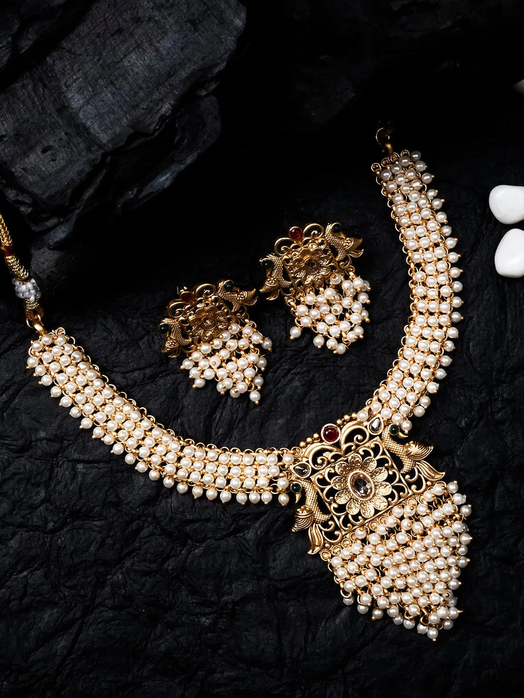 Exquisite Gold-Plated Temple Hydra Beads Necklace Set - A divine blend of tradition and elegance. Elevate your style with this stunning piece from SileAdda.