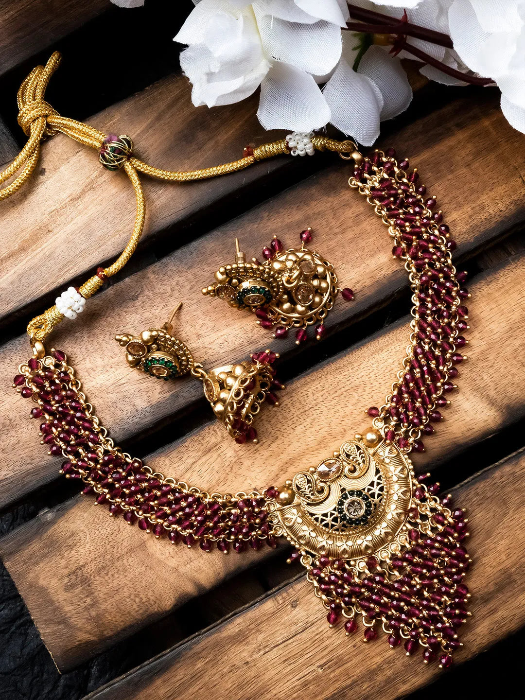 Exquisite Gold-Plated Temple Hydra Beads Necklace Set - A divine blend of tradition and elegance. Elevate your style with this stunning piece from SileAdda.