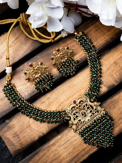 Exquisite Gold-Plated Temple Hydra Beads Necklace Set - A divine blend of tradition and elegance. Elevate your style with this stunning piece from SileAdda.