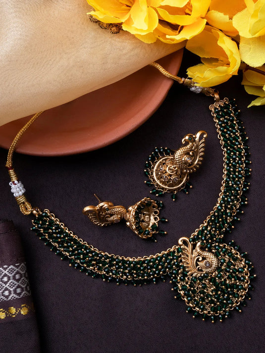 Exquisite Gold-Plated Temple Hydra Beads Necklace Set - A divine blend of tradition and elegance. Elevate your style with this stunning piece from SileAdda.