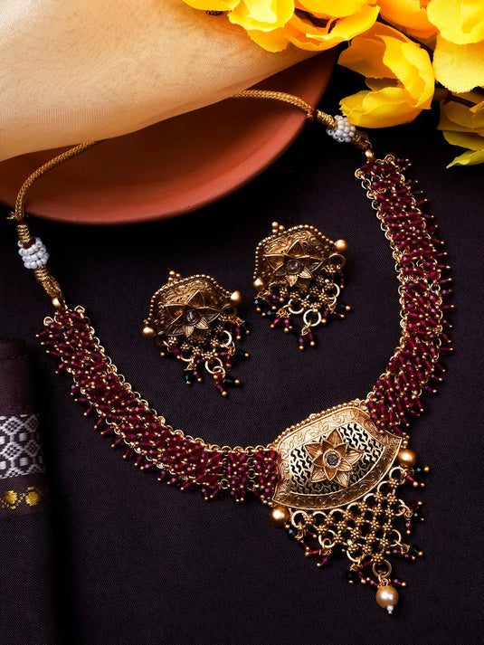 Exquisite Gold-Plated Temple Hydra Beads Necklace Set - A divine blend of tradition and elegance. Elevate your style with this stunning piece from SileAdda.