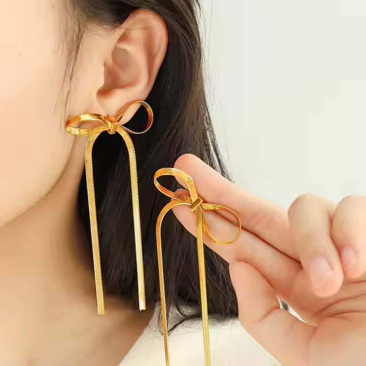 18K Waterproof Gold Plated Ribbon Bow Earrings