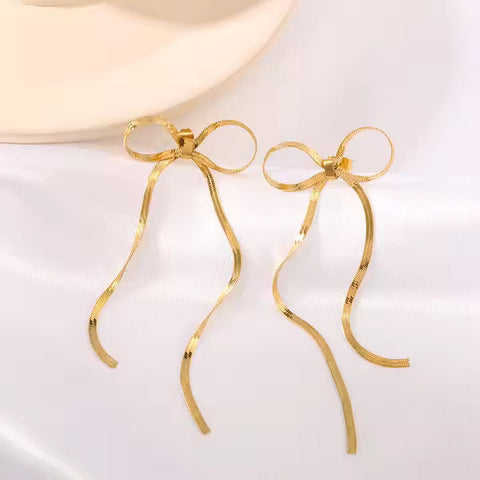 18K Waterproof Gold Plated Ribbon Bow Earrings