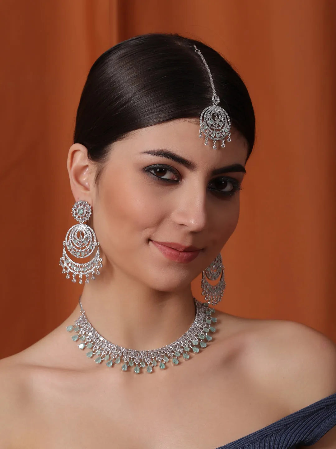 Handcrafted Silver Plated Turquoise CZ AD Studded Bridal Necklace Set With Danglers and Maangtika