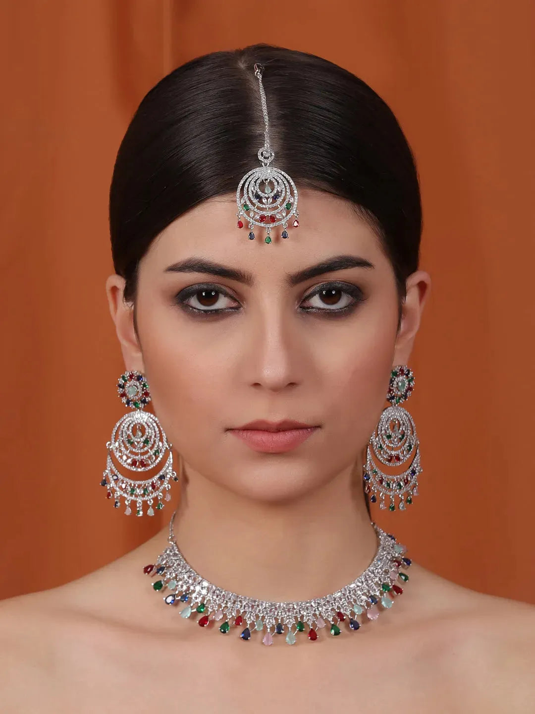 Handcrafted Silver Plated Multicolor CZ AD Studded Bridal Necklace Set With Danglers and Maangtika