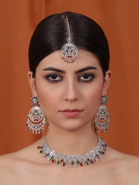 Handcrafted Silver Plated Multicolor CZ AD Studded Bridal Necklace Set With Danglers and Maangtika