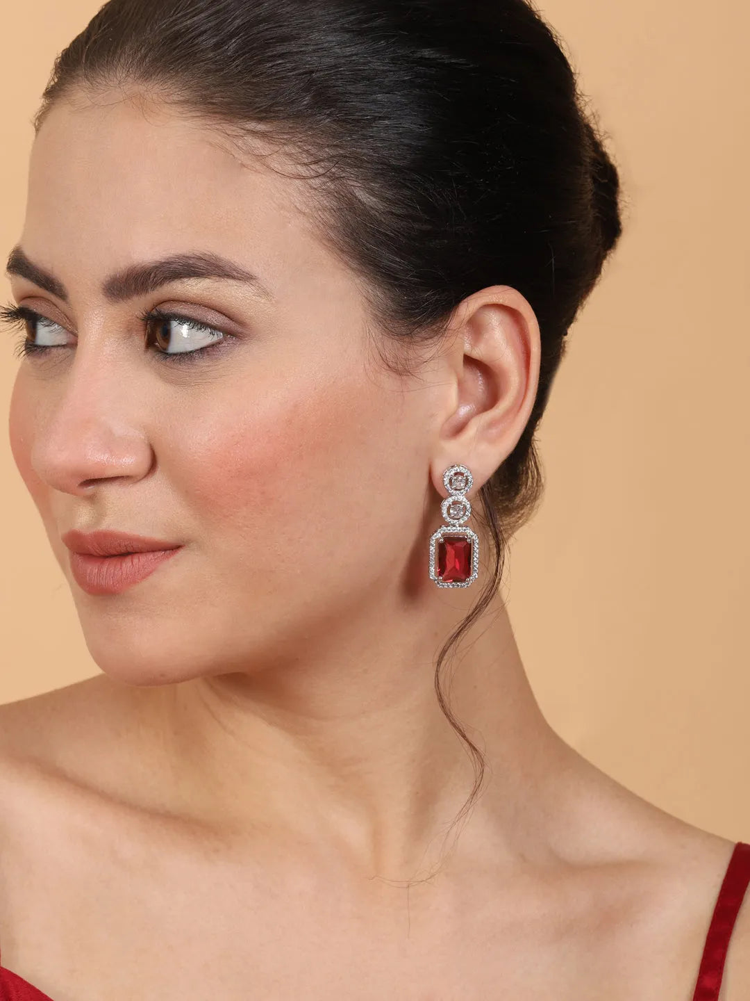 Silver Plated Minimalist Red CZ Stud Earrings