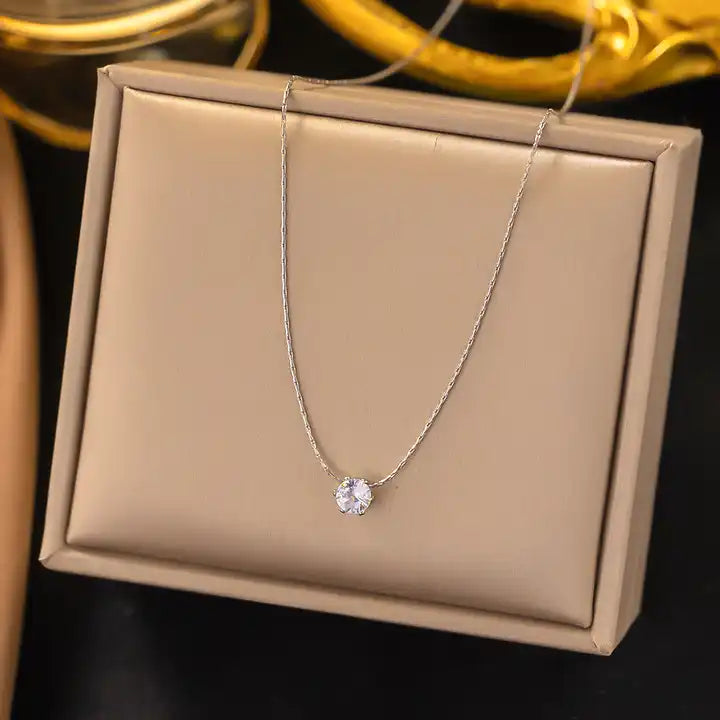 Stainless Steel Diamond Solitare Charm Necklace