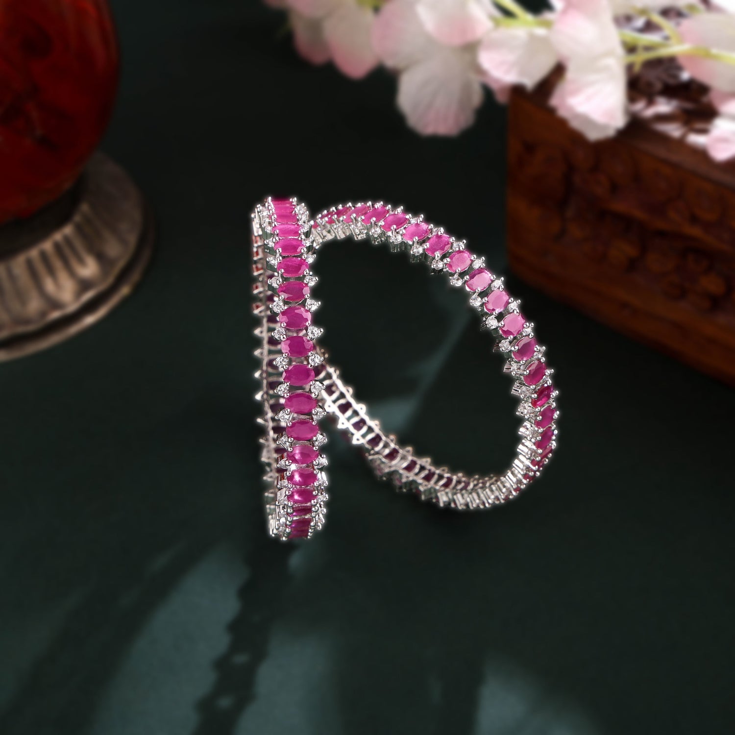 Pink Stones Cubic Zirconia Bangles Set 2pcs