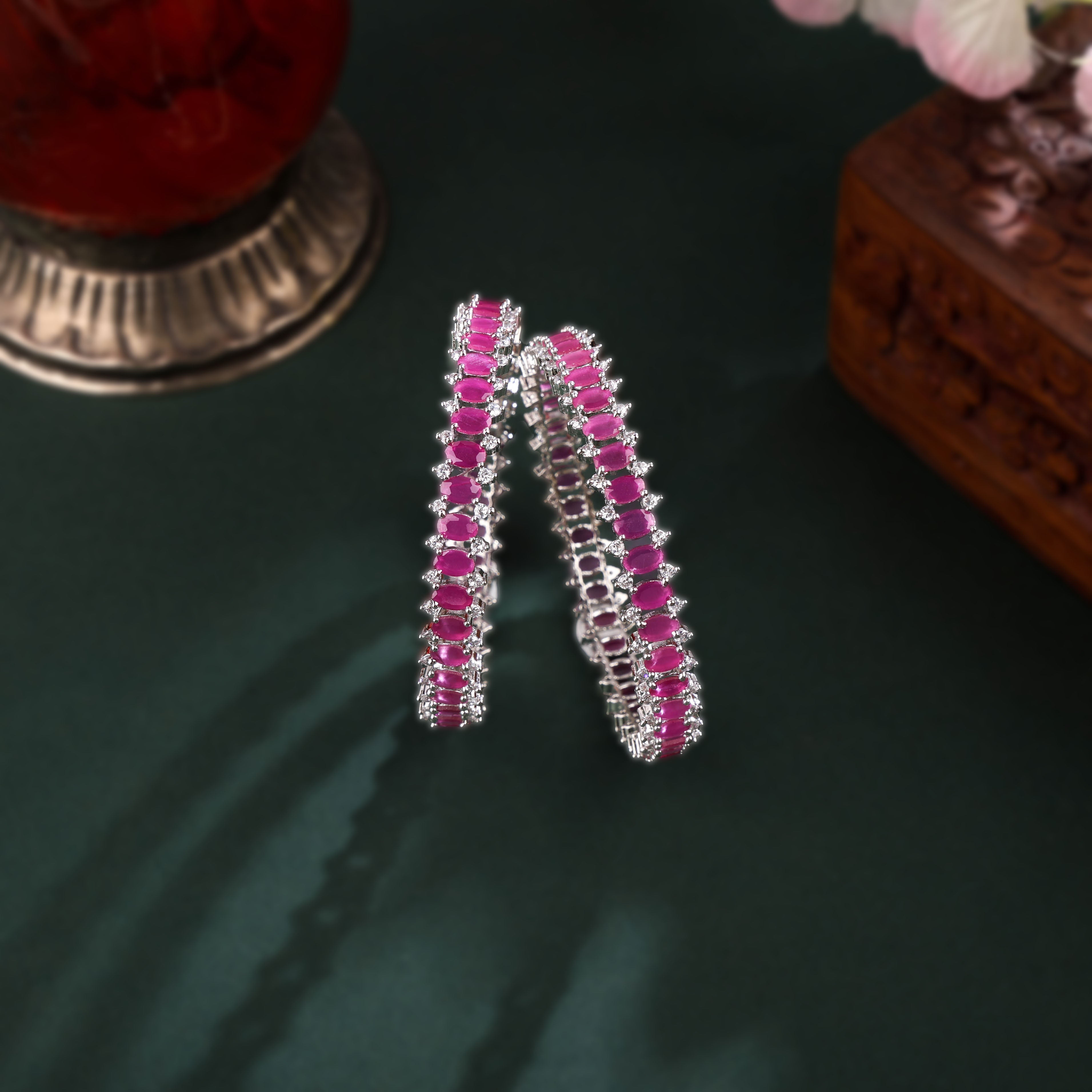 Pink Stones Cubic Zirconia Bangles Set 2pcs