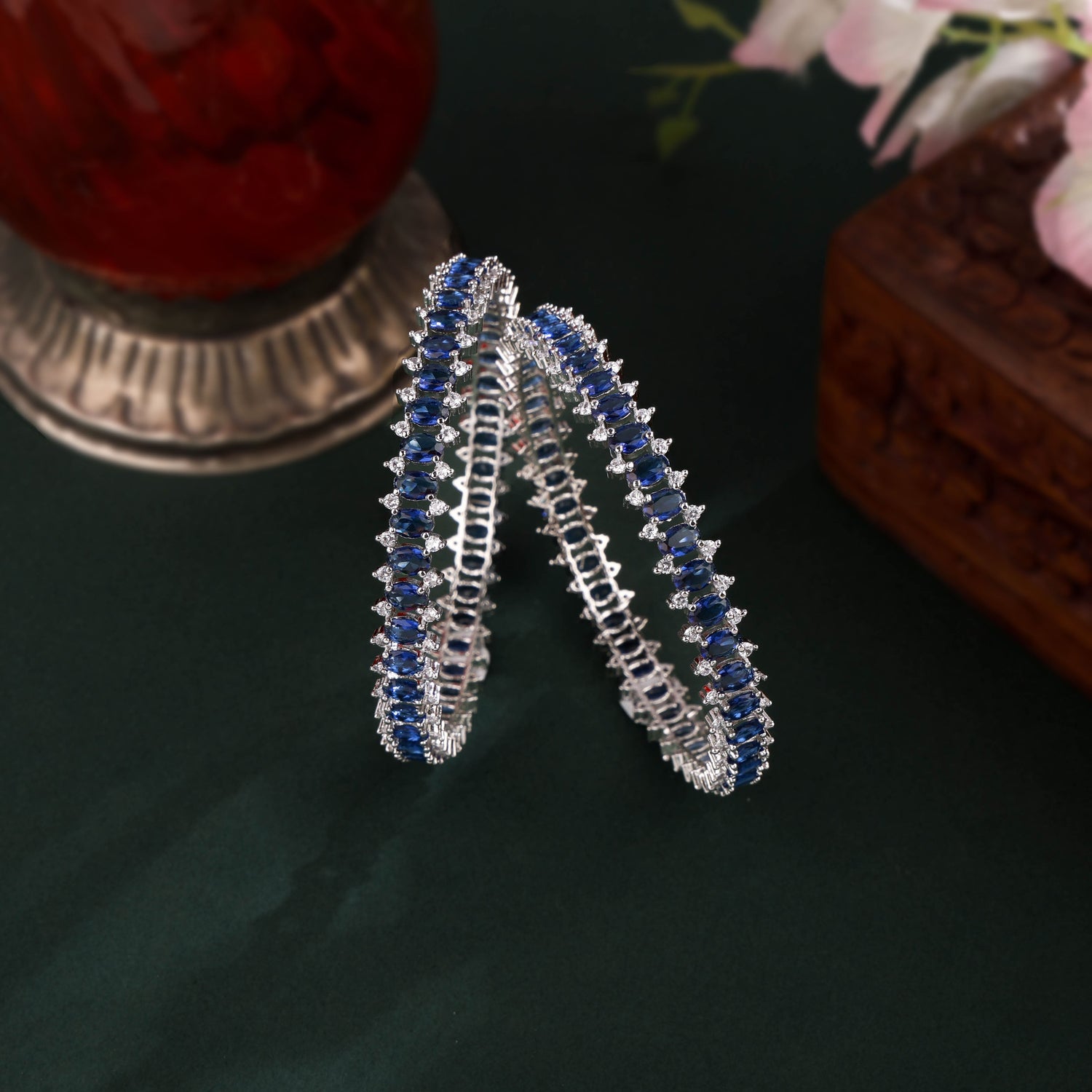 AD Blue Stones Cubic Zirconia Bangles Set 2pcs