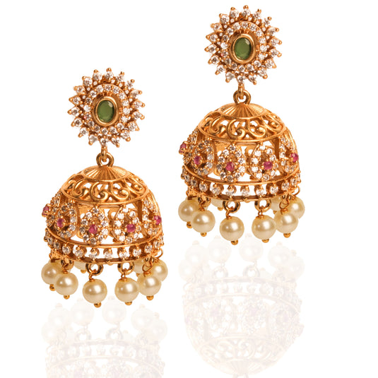 Exquisite 24k Gold-plated Matte Temple Jhumka Earrings With Ad Stones and Pearls