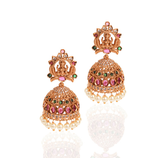 24K Gold Plated Nakshi Style South Indian Jhumka With Pearl And Multi Color Stones