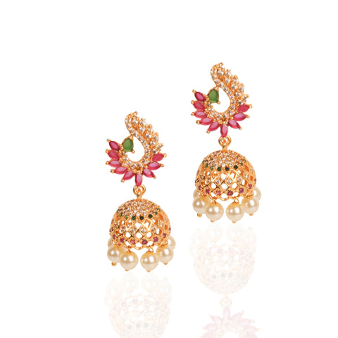 Gold Plated Peacock Style Jhumka With Red and Green Colour CZ Stones for Women