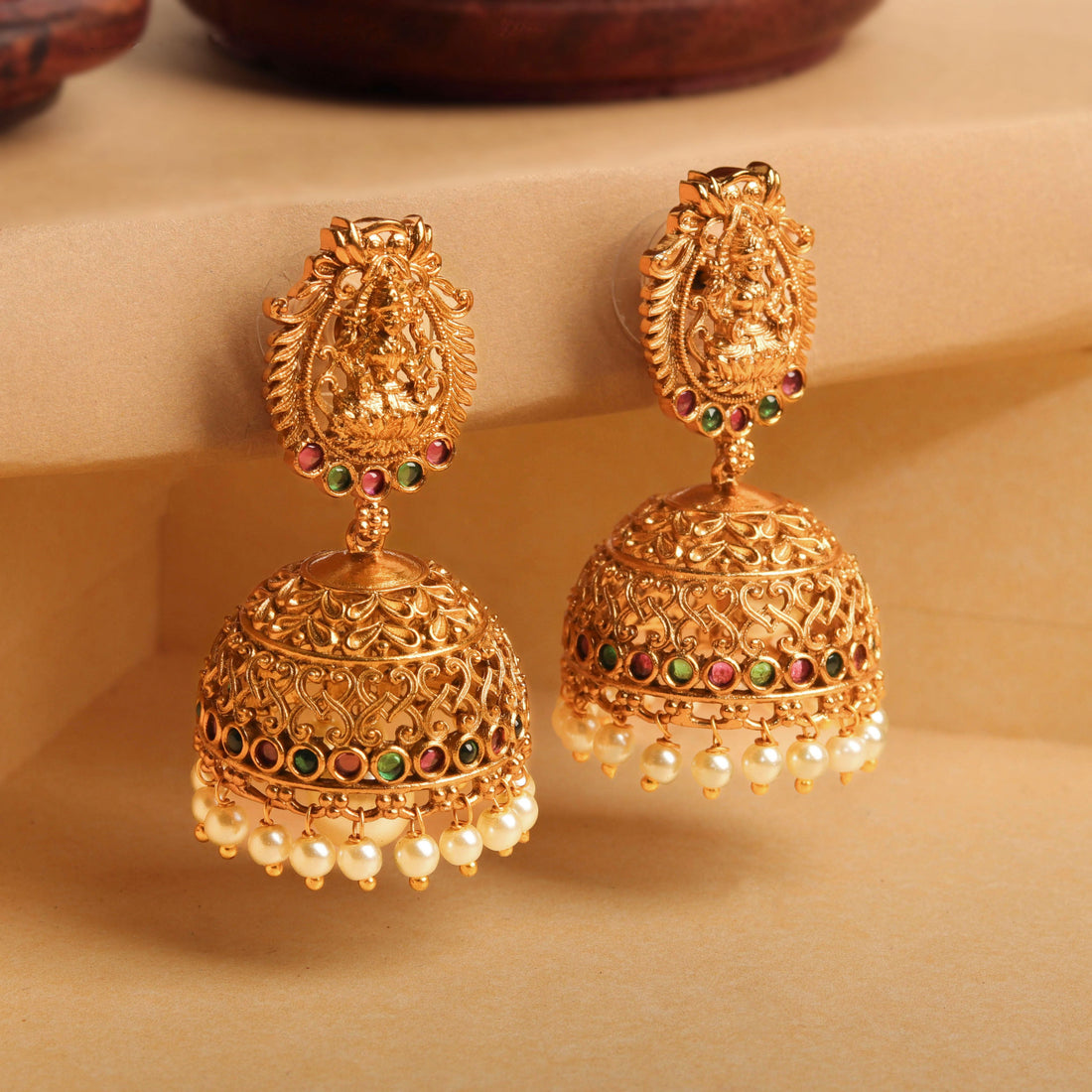 24K Gold Plated Temple Design with Kemp Stone Jhumka Earrings For Women