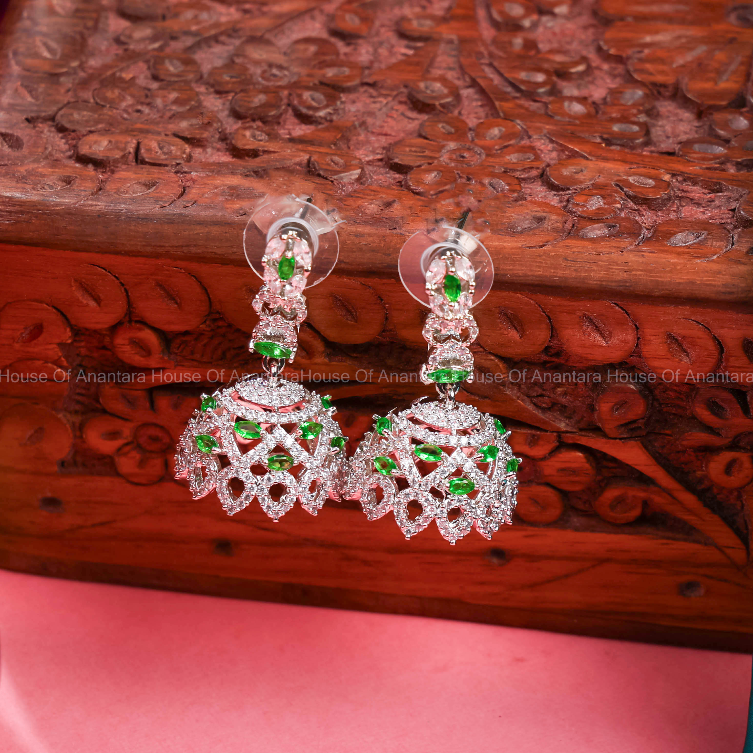 Rhodium Plated Stylish Jhumkas With Emerald and White colour CZ Stones for Women