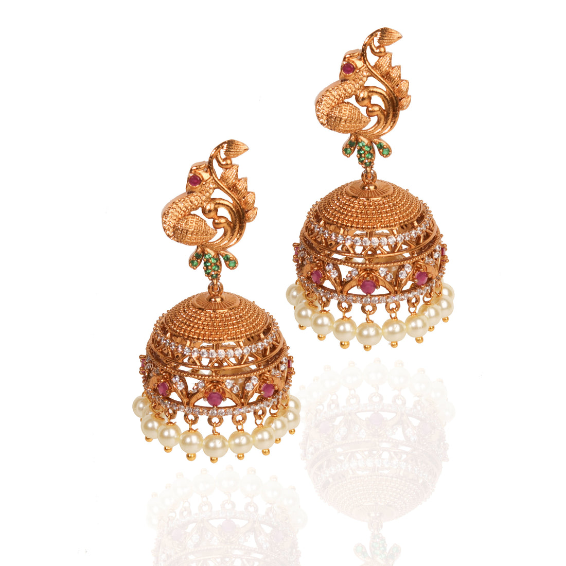 24K Gold Plated Luxurious Peacock Style Inspired South Indian Jhumka With Pearls